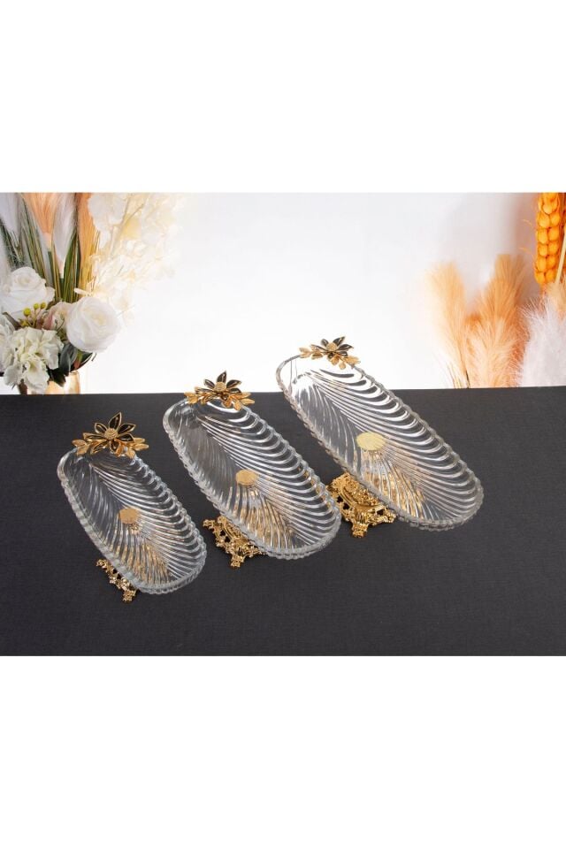 3 BOY METAL AYAKLI OVAL SERVİS SUNUM TABAKLARI ÇİÇEKLİ KAYIK TABAK