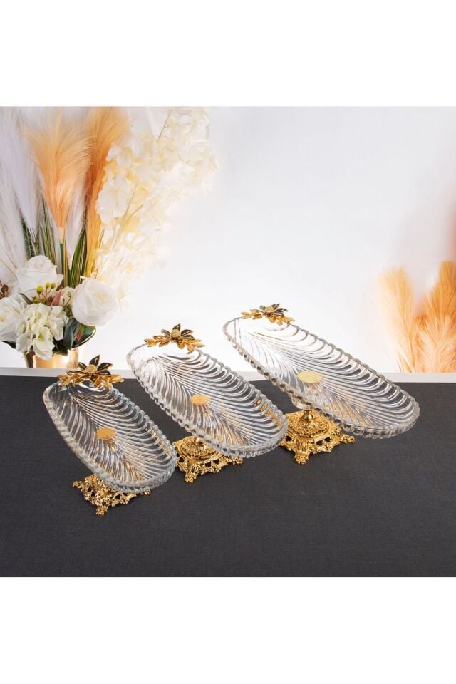 3 BOY METAL AYAKLI OVAL SERVİS SUNUM TABAKLARI ÇİÇEKLİ KAYIK TABAK