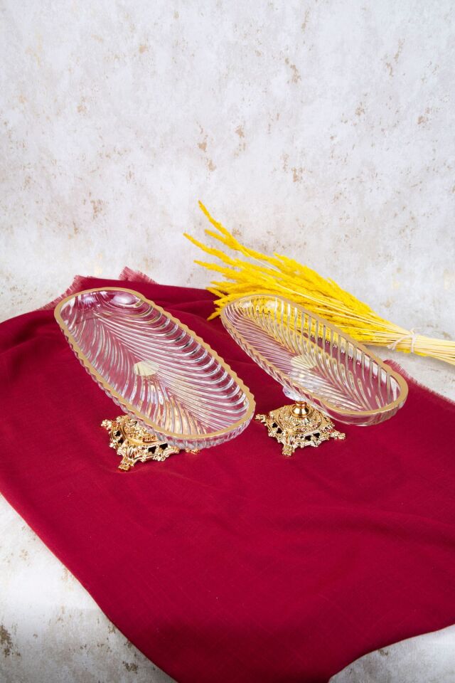 METAL AYAKLI GOLD DETAYLI OVAL SUNUM TABAK 2 Lİ