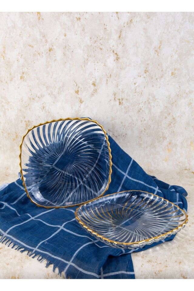 2 ADET KARE SERVİS TABAĞI - SUNUM TABAĞI 24X24 CM ÖLÇÜLERİNDE GOLD DETAYLI