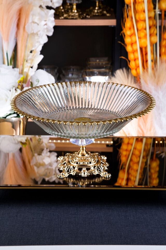 METAL AYAKLI GOLD DETAYLI SHİNE SALATA SERVİS SUNUM KASESİ 32X16 CM 8 CM DERİNLİĞİNDE