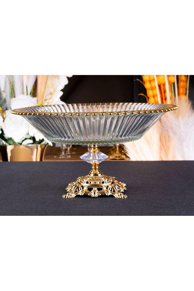 METAL AYAKLI GOLD DETAYLI SHİNE SALATA SERVİS SUNUM KASESİ 32X16 CM 8 CM DERİNLİĞİNDE
