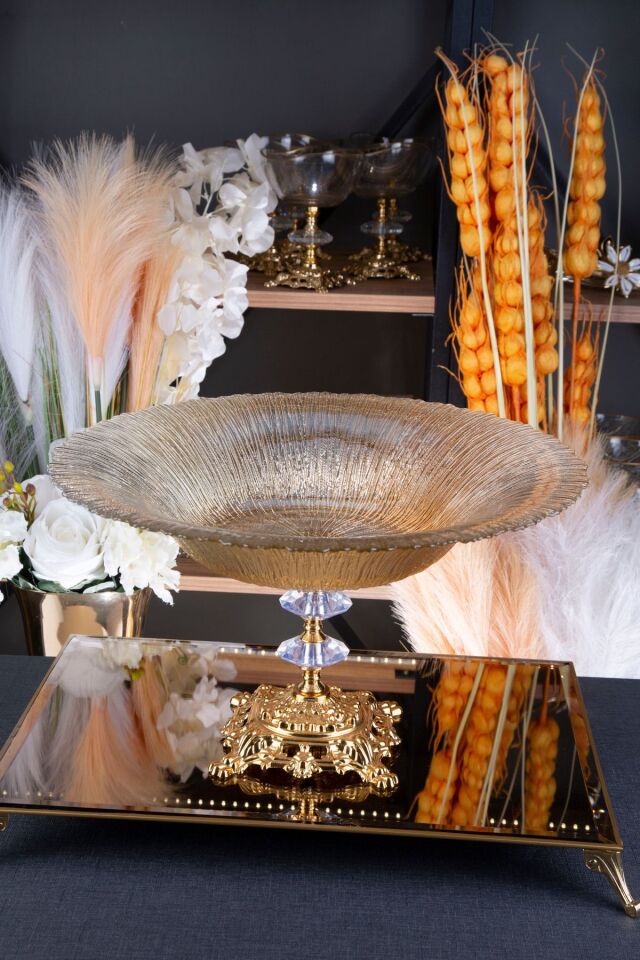 METAL AYAKLI AMBER RENK SALATA VE MEYVE SERVİS KASESİ 38 CM
