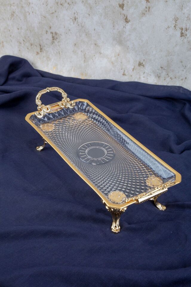 Argkri̇stal Safi̇r Altin Detayli Metal Ayakli Kulplu Di̇kdörtgen Servi̇s Sunum Tabak 36x14x9