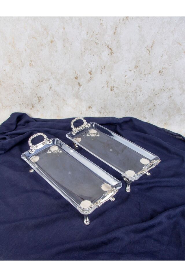 2 Lİ GÜMÜŞ DETAYLI METAL AYAKLI KULPLU DİKDÖRTGEN SERVİS SUNUM TABAK 36X14X9