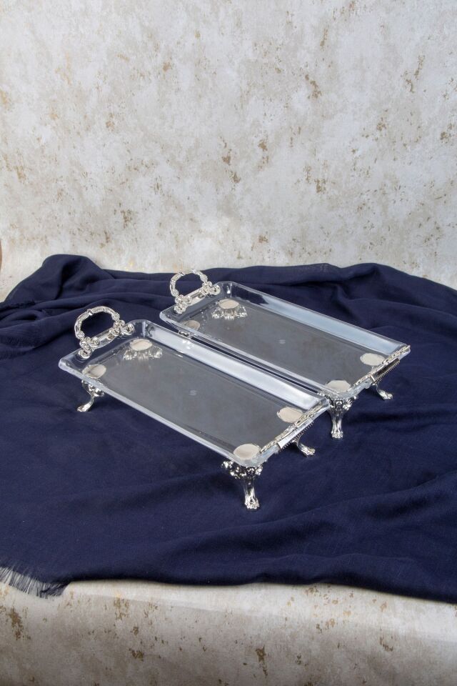 2 Lİ GÜMÜŞ DETAYLI METAL AYAKLI KULPLU DİKDÖRTGEN SERVİS SUNUM TABAK 36X14X9