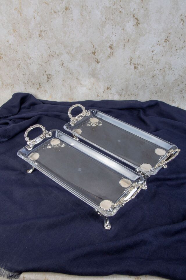2 Lİ GÜMÜŞ DETAYLI METAL AYAKLI KULPLU DİKDÖRTGEN SERVİS SUNUM TABAK 36X14X9