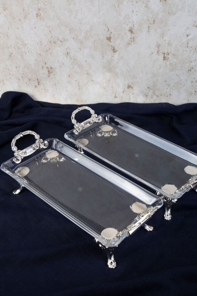 2 Lİ GÜMÜŞ DETAYLI METAL AYAKLI KULPLU DİKDÖRTGEN SERVİS SUNUM TABAK 36X14X9