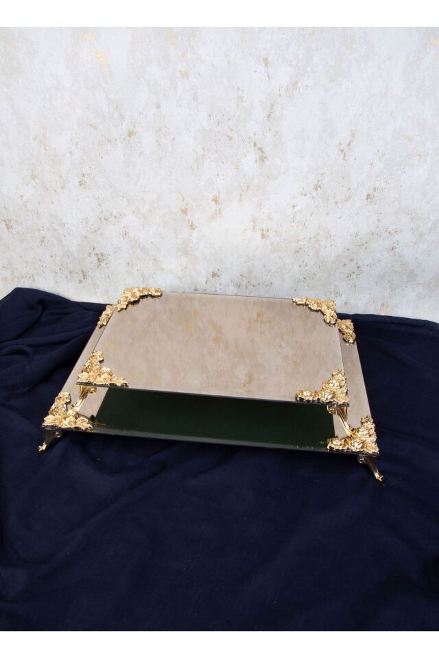 METAL AYAKLI BRONZ AYNALI DİKDÖRTGEN SUNUM TEPSİSİ 2Lİ 2 BOY 45X30 35X24 CM