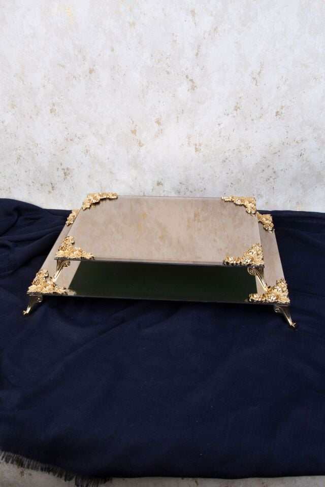 METAL AYAKLI BRONZ AYNALI DİKDÖRTGEN SUNUM TEPSİSİ 2Lİ 2 BOY 45X30 35X24 CM