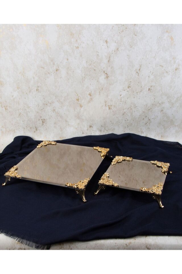 METAL AYAKLI BRONZ AYNALI SUNUM TEPSİSİ 2Lİ 2 BOY 30X30 20X20