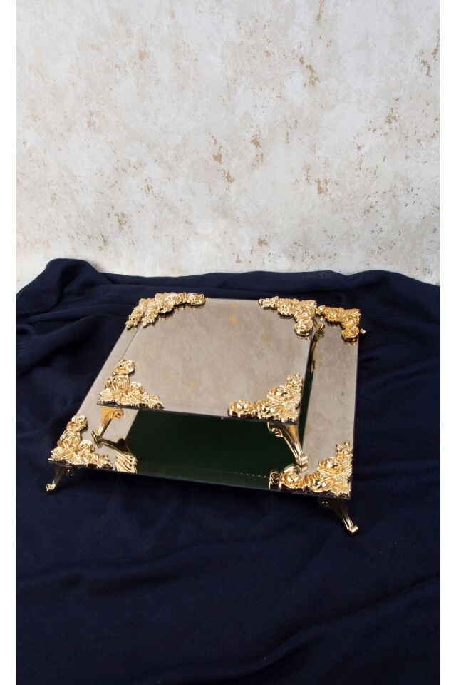 METAL AYAKLI BRONZ AYNALI SUNUM TEPSİSİ 2Lİ 2 BOY 30X30 20X20