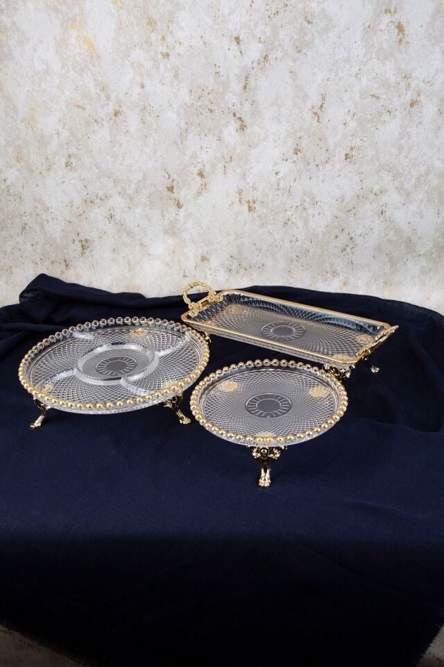 SAFİR KULPLU GOLD DETAYLI METAL AYAKLI SUNUM SETİ 3LÜ SET