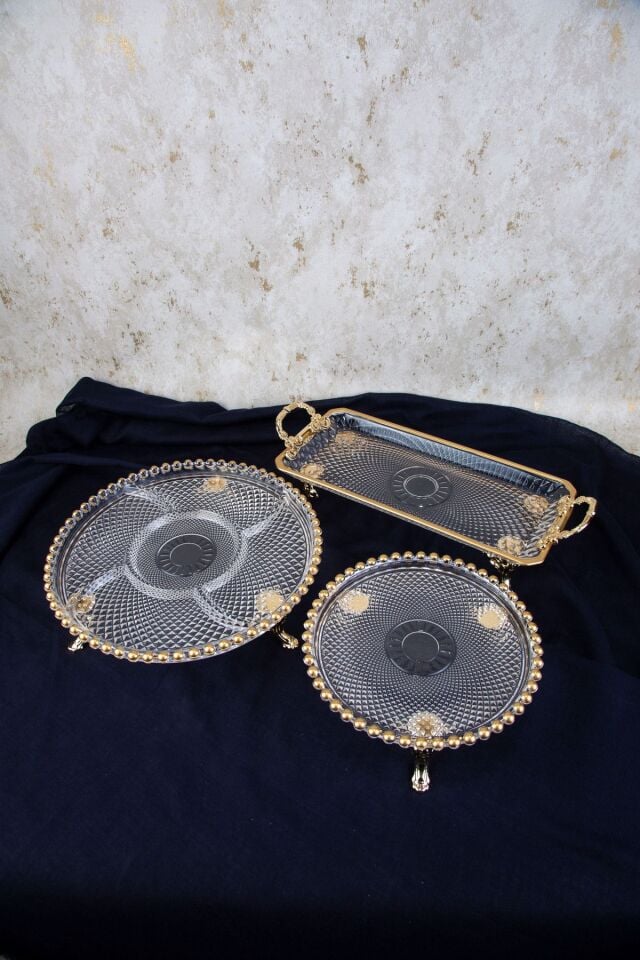 SAFİR KULPLU GOLD DETAYLI METAL AYAKLI SUNUM SETİ 3LÜ SET