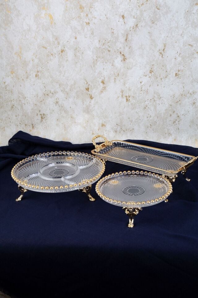 SAFİR KULPLU GOLD DETAYLI METAL AYAKLI SUNUM SETİ 3LÜ SET