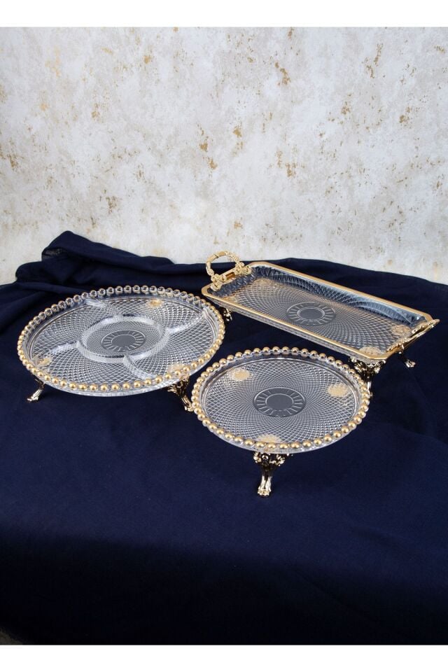 SAFİR KULPLU GOLD DETAYLI METAL AYAKLI SUNUM SETİ 3LÜ SET