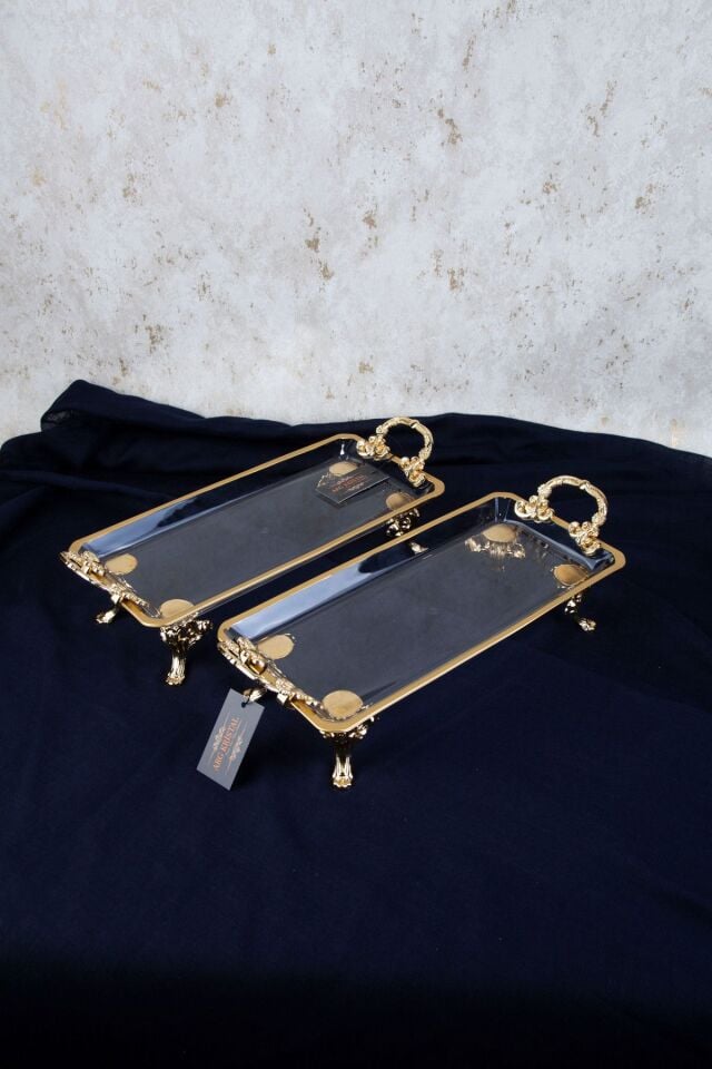 2 Lİ GOLD DETAYLI METAL AYAKLI KULPLU DİKDÖRTGEN SERVİS SUNUM TABAK 36X14X9