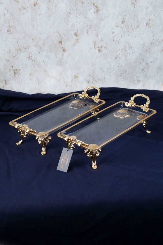2 Lİ GOLD DETAYLI METAL AYAKLI KULPLU DİKDÖRTGEN SERVİS SUNUM TABAK 36X14X9