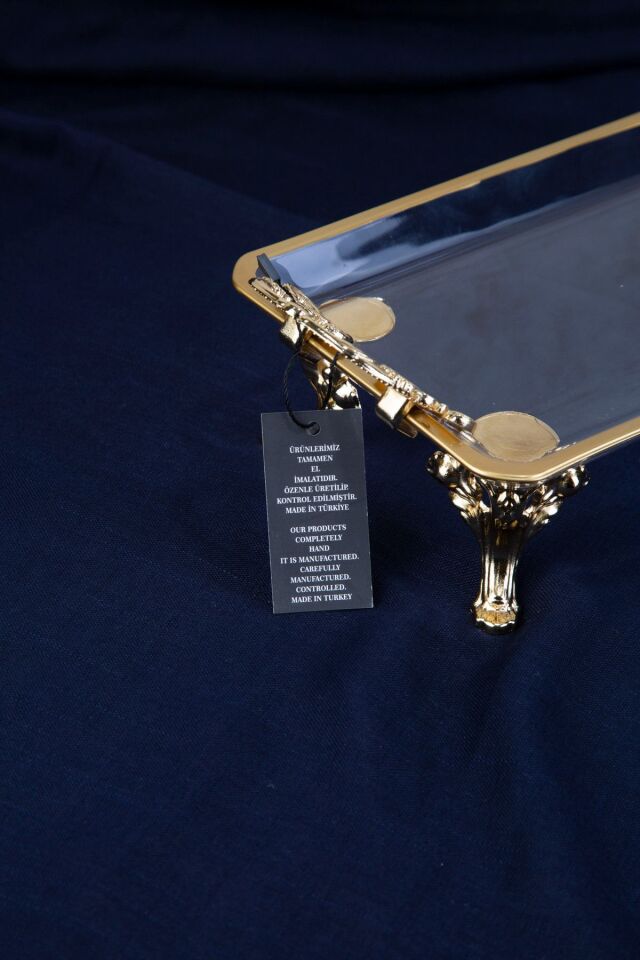 KRİSTAL GOLD DETAYLI PAŞABAHÇE METAL AYAKLI KULPLU DİKDÖRTGEN SERVİS SUNUM TABAK 36X14X9