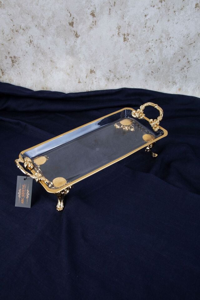 KRİSTAL GOLD DETAYLI PAŞABAHÇE METAL AYAKLI KULPLU DİKDÖRTGEN SERVİS SUNUM TABAK 36X14X9