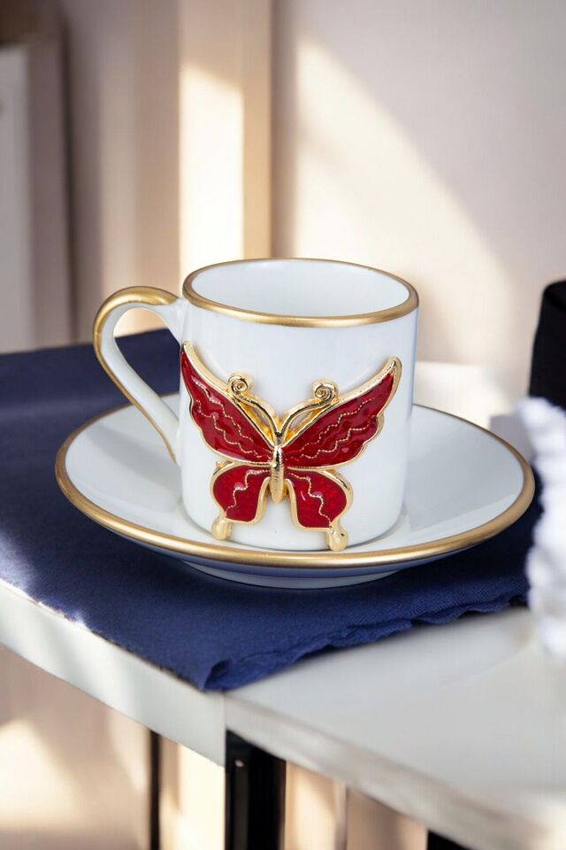 KIRMIZI KELEBEK GOLD DETAYLI KAHVE FİNCAN SETİ 12 PARÇA 6 KİŞİLİK