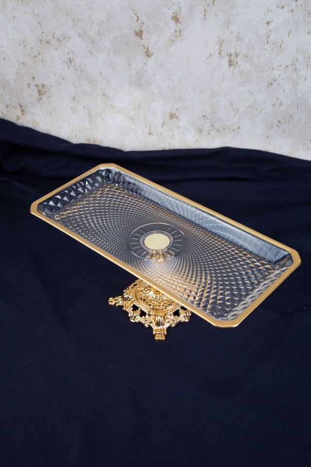 SAFİR GOLD DETAYLI METAL AYAKLI DİKDÖRTGEN SERVİS SUNUM TABAK 30X14X12