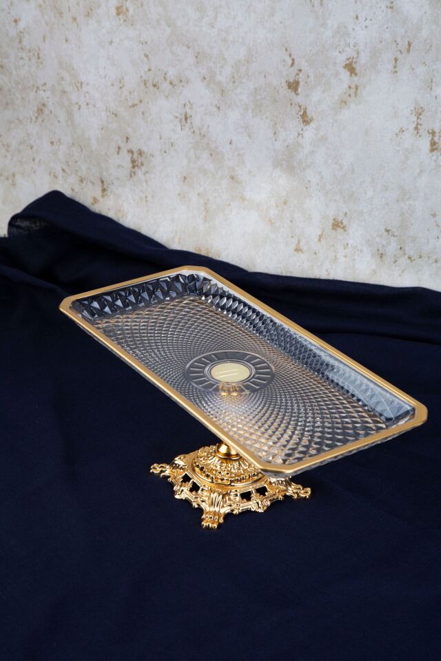 SAFİR GOLD DETAYLI METAL AYAKLI DİKDÖRTGEN SERVİS SUNUM TABAK 30X14X12